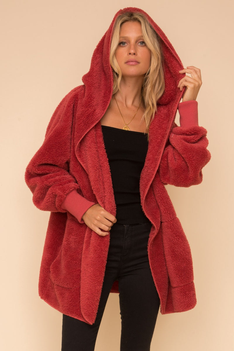 Grace Faux Fur Hooded Jacket In Vintage Red