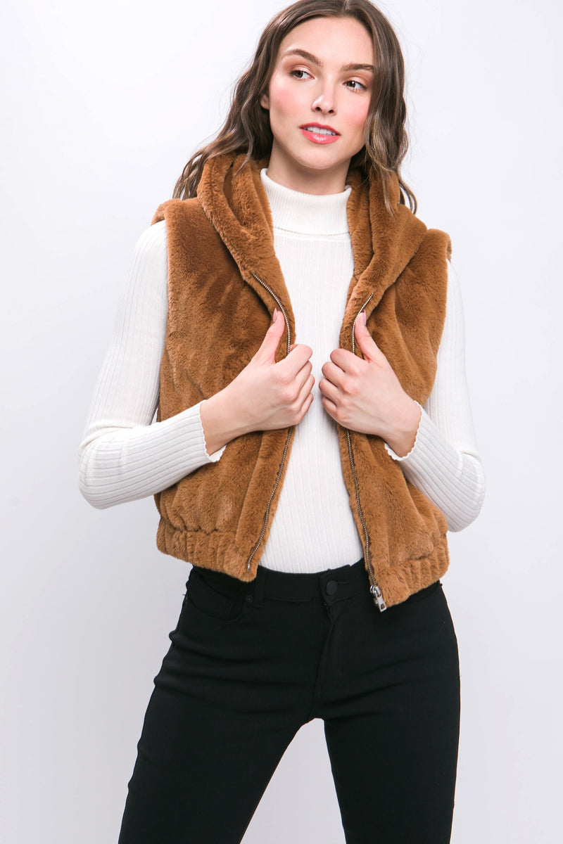 Teddy Faux Fur Vest In Camel