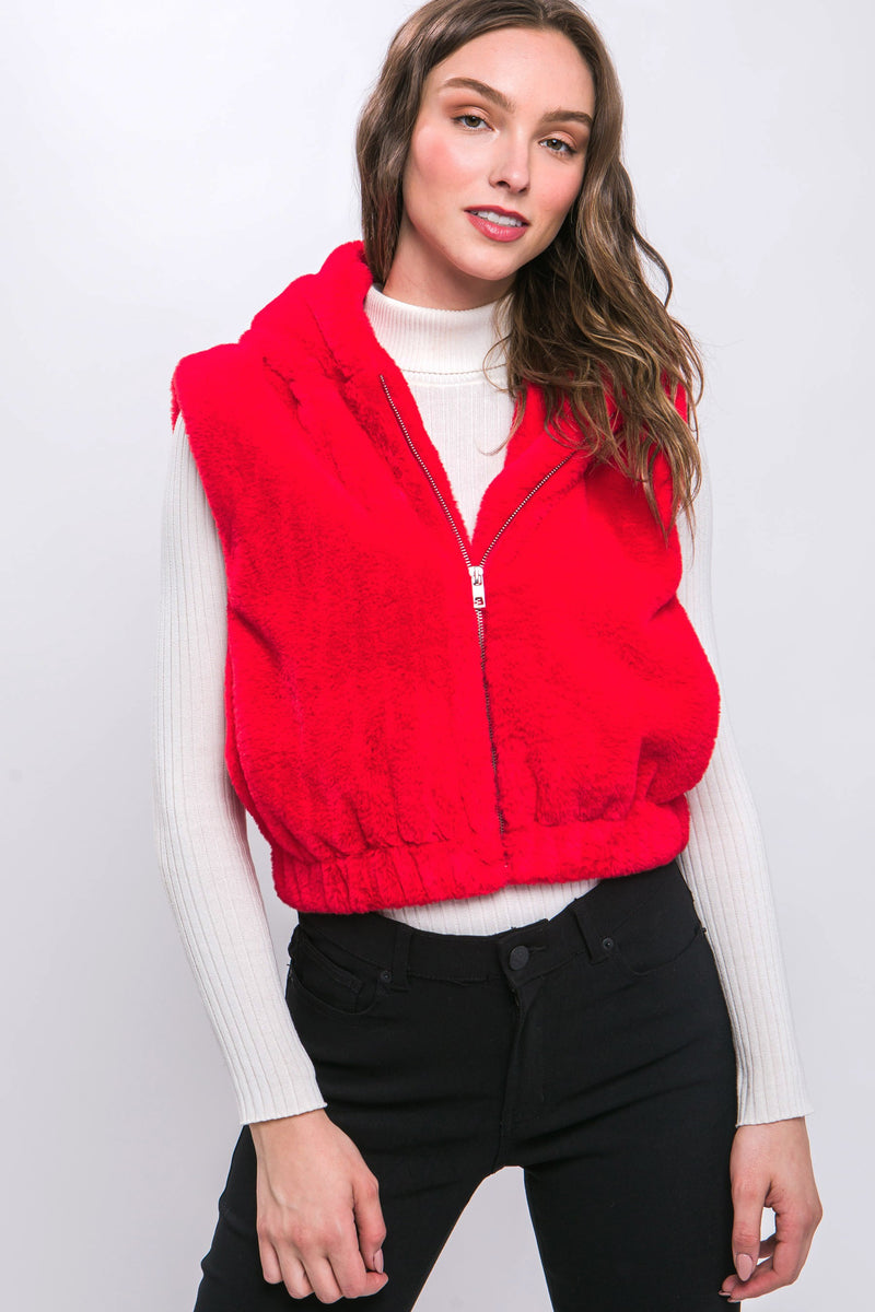 Teddy Faux Fur Vest In Red