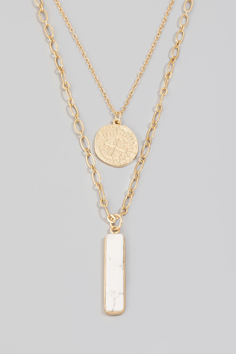 Stone Bar And Metallic Coin Pendant Necklace