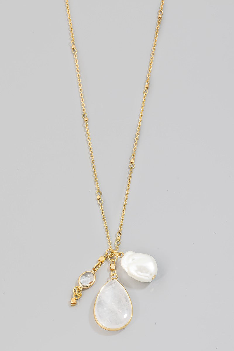 Tear Stone And Pearl Pendant Long Necklace