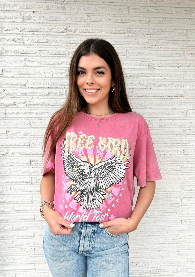 Taya Free Bird Vintage Graphic Tee In Pink