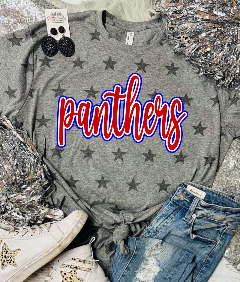 *DTF* Cursive Mascot Panthers Grey Star Tee