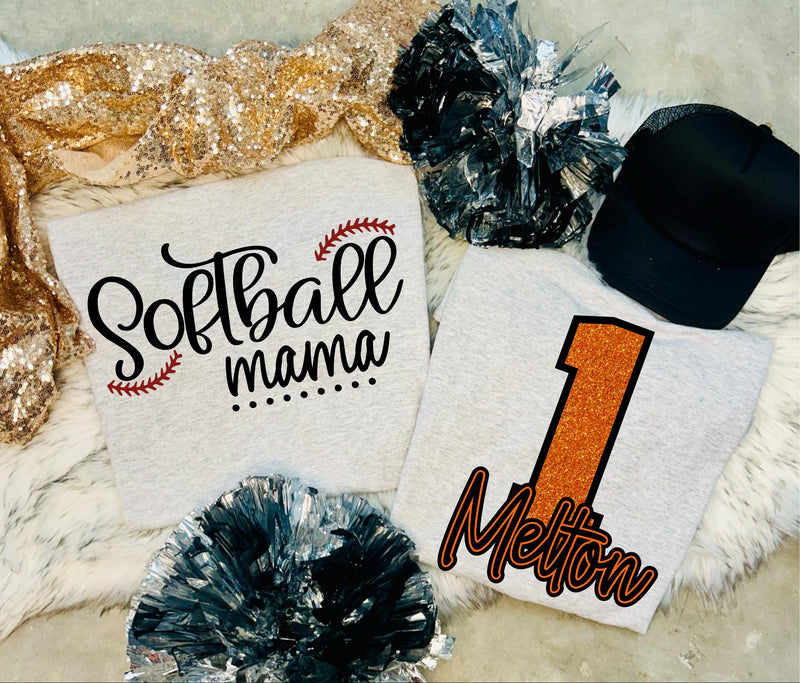 Softball Glitter Number Custom Name Front and Back Ash Grey Tee