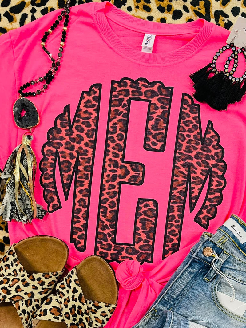 Leopard Scalloped Mono Hot Pink Tee