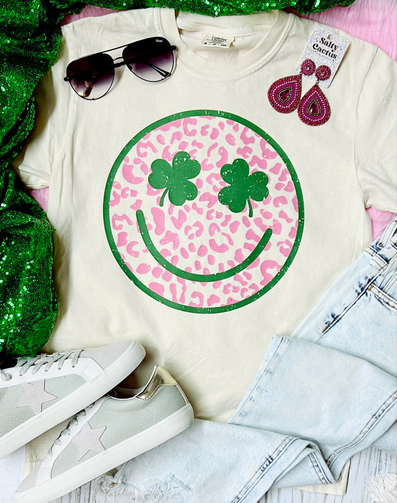 Shamrock Pink and Green Smiley on Ivory Comfort Color