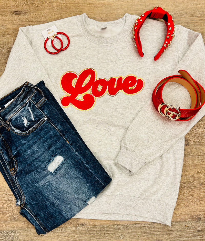 Red Love Chenille Patch on Baby Ash Grey Sweatshirt