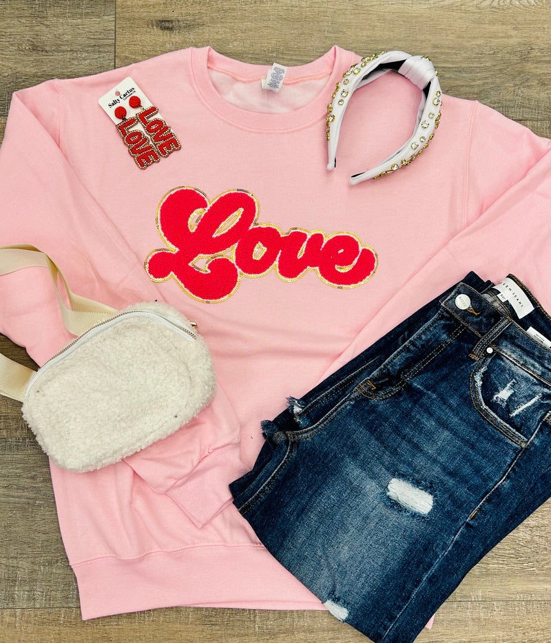 Pink Love Chenille Patch on Baby Pink Sweatshirt