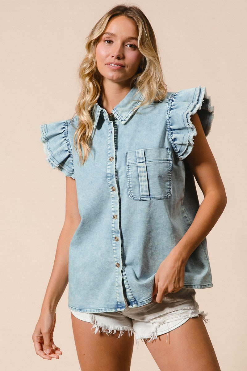 Loretta Frayed Ruffle Sleeve Denim Top