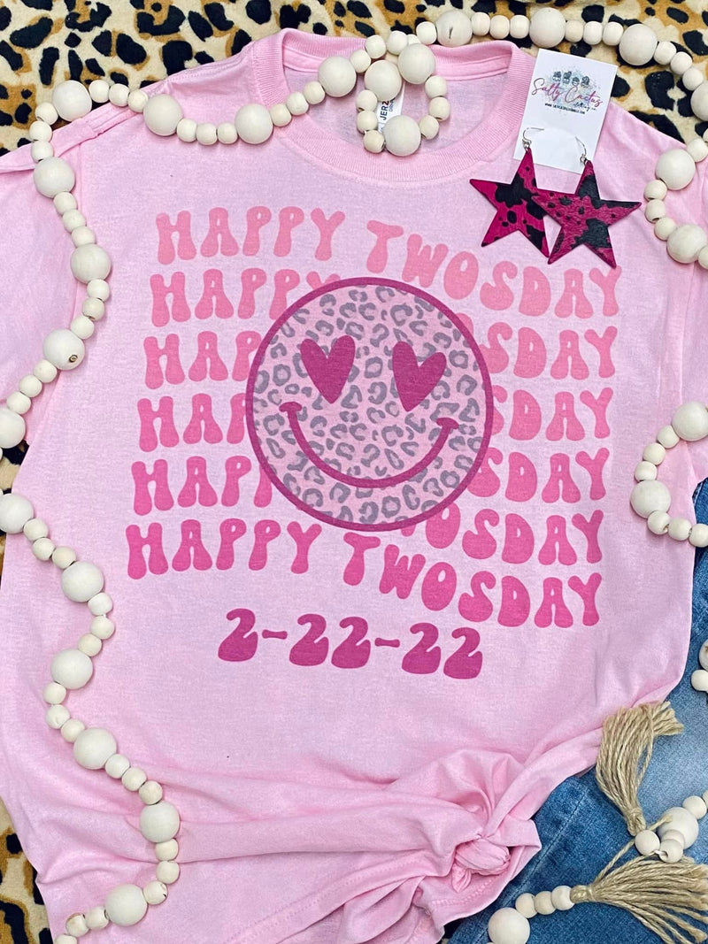 Kids Happy Twosday Leopard Smiley Face On Pink tee