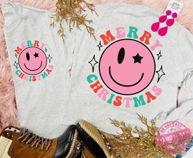 Merry Christmas Pink Smiley Grey Long Sleeve