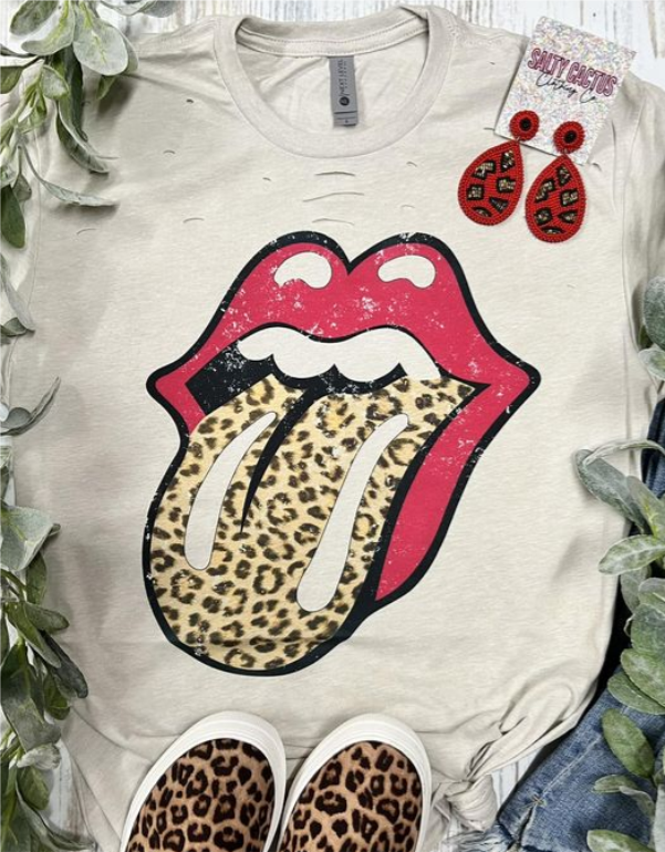 Red Leopard Tongue Grunge Distressed Tan Tee