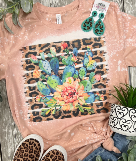 Cactus Leopard Brushstrokes Peach Bleached Tee