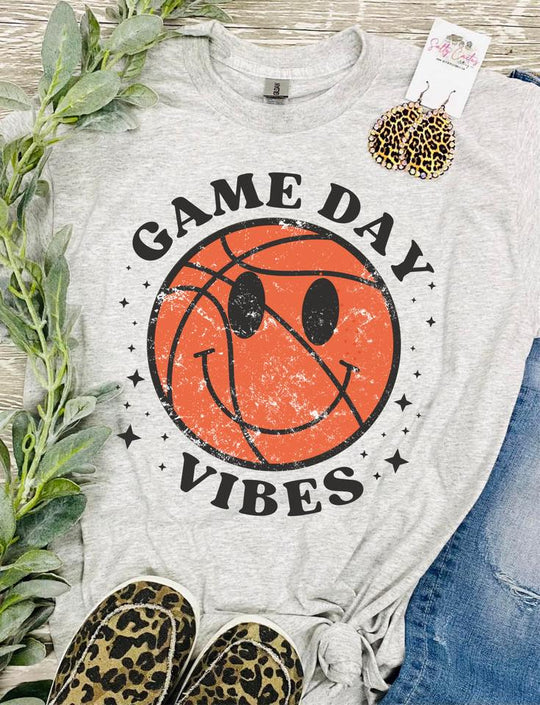 Game Day Vibes Basketball Smiley Grey Tee