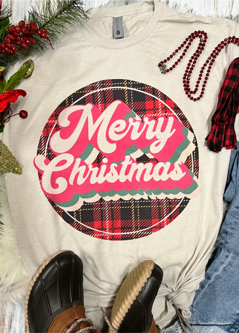 Merry Christmas Plaid Circle Tan Tee